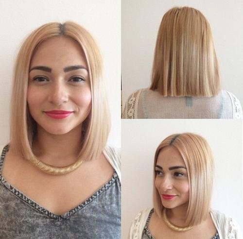 Blond long bob z każdej strony Blond prosty long bob pokazany z przodu z boku i z tyłu