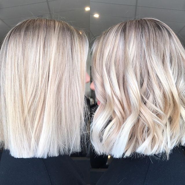 Blond blunt bob przed i po pofalowaniu Blond bob do ramion pokazany na prostych i falowanych włosach