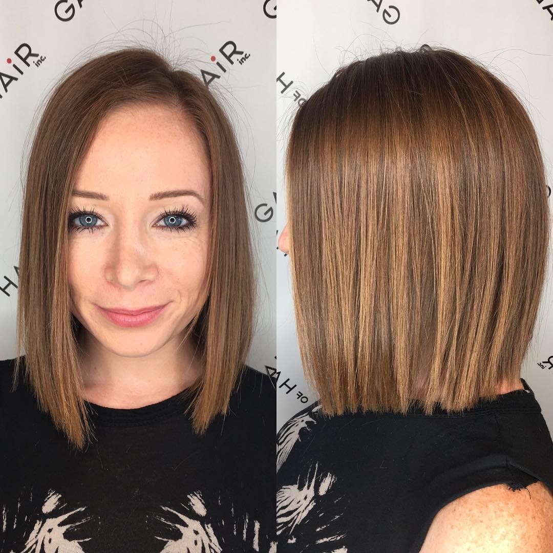 Brązowy blunt lob z pełną linią Brązowy prosty long bob pokazany z przodu i z tyłu