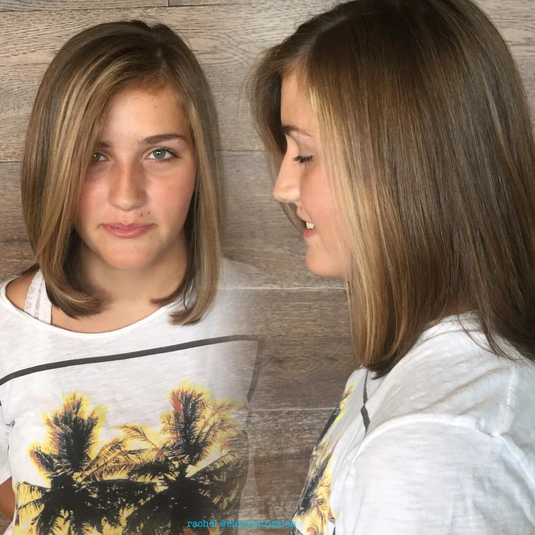 Naturalny brązowy long bob Brązowy prosty bob do ramion pokazany z dwóch stron