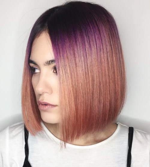 Kolorowy blunt bob ombre Prosty bob ombre w odcieniach fioletu różu i miedzi
