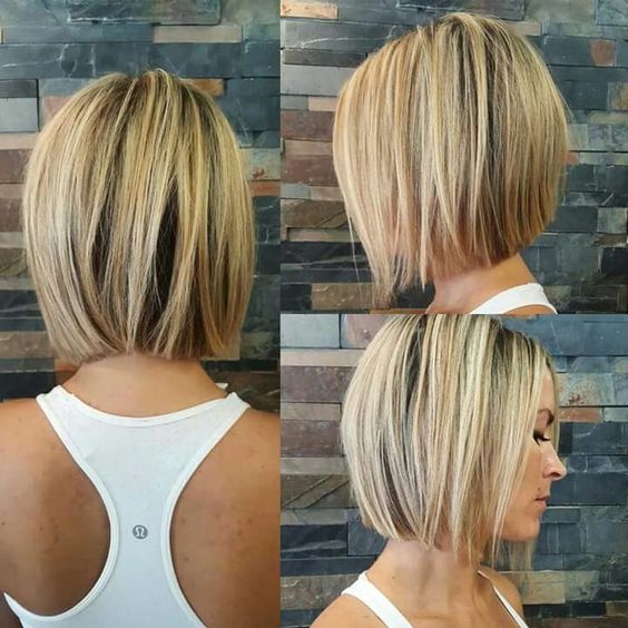 Blond bob z krótszym karkiem Krótki blond odwrócony bob pokazany z tyłu i z boku